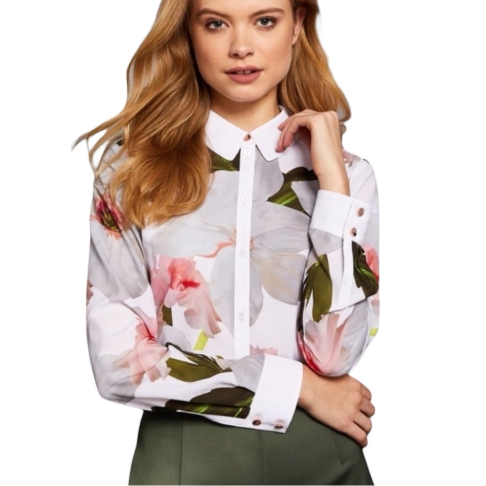 Ted Baker London Floral Print Button Down Blouse Womens 0 (XS) Sheer Elegant